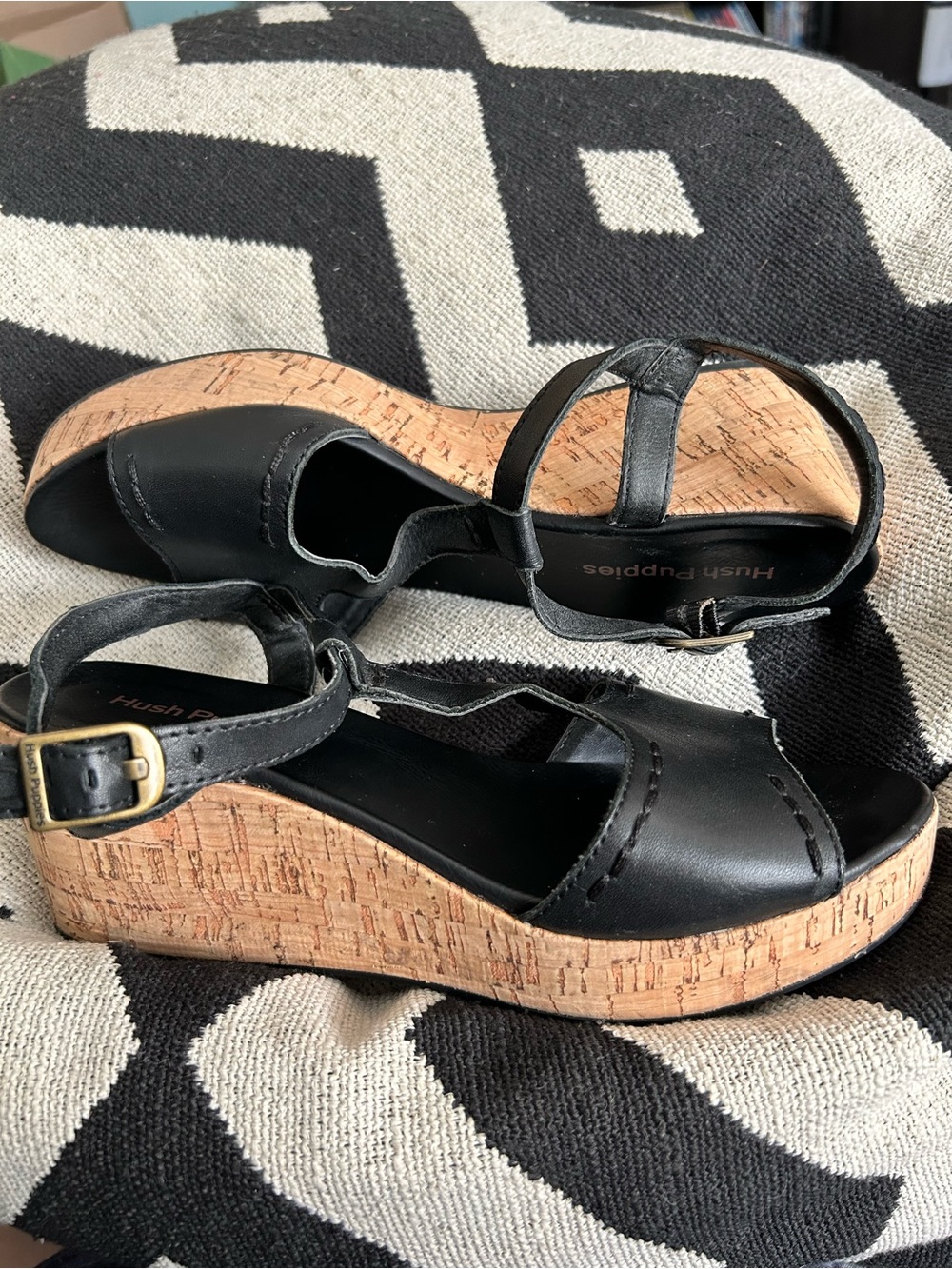 Black Leather Cork Wedge Sandals